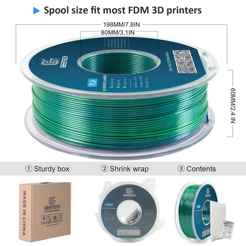Geeetech 3D Printer Silk PLA Dual Color Filament, Metal-Like Shiny Silk Filament 1.75mm 1kg (2.2lbs) Spool, Dimensional Accuracy +/- 0.02 mm, Silk Blue Green - Image 4